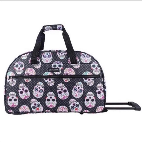 BETSEY JOHNSON “SKULL PARTY!” WHEELED DUFFLE  LUGGAGE TRAVEL BAG - Picture 2 of 8